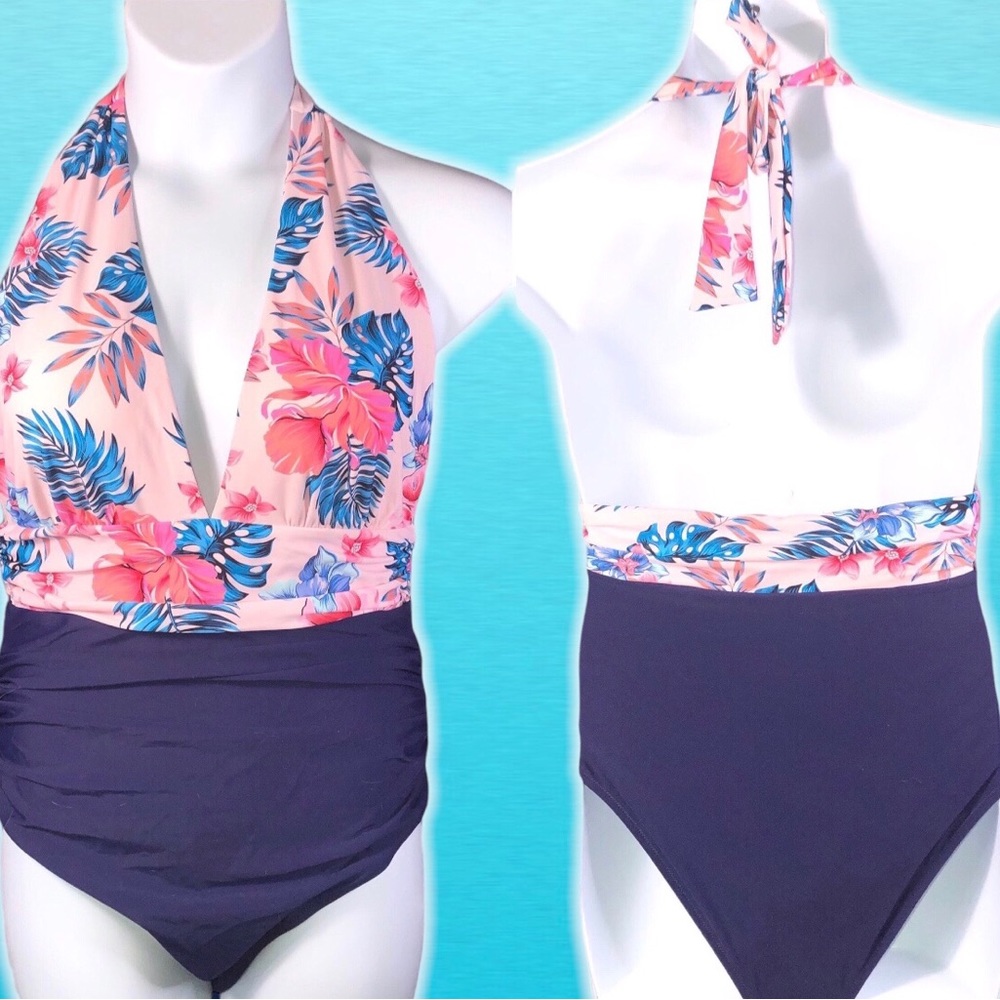 Pink Tropical Floral Deep V-Neck One Piece Swimsuit Retro Vintage PLUS SIZE XXL